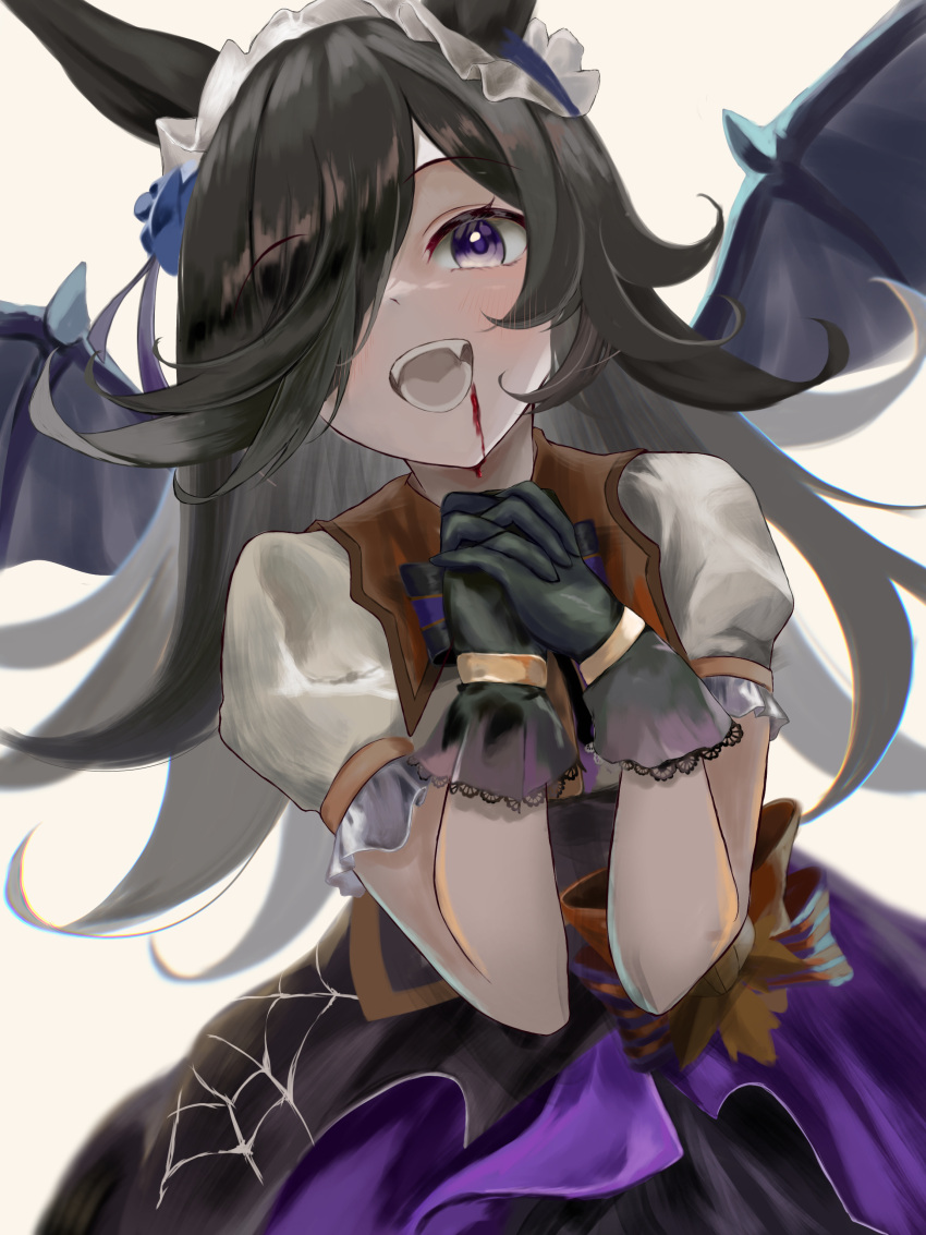 1girl absurdres animal_ears bat_wings black_gloves blood blush from_below gloves hair_over_one_eye highres horse_ears horse_girl long_hair looking_at_viewer official_alternate_costume puffy_short_sleeves puffy_sleeves purple_eyes rice_shower_(make_up_vampire!)_(umamusume) rice_shower_(umamusume) short_sleeves simple_background solo umainu_2002 umamusume white_background wings