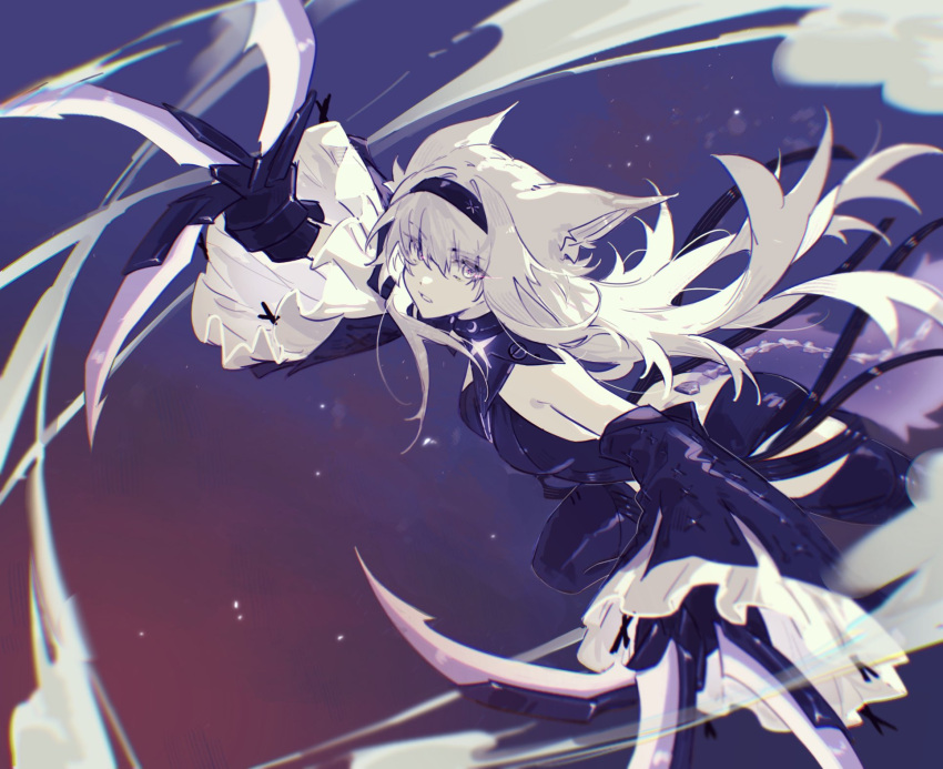 1girl animal_ears bare_shoulders black_bodysuit black_hairband black_sleeves black_thighhighs bodysuit claw_(weapon) collared_bodysuit detached_sleeves grey_eyes grey_hair hairband highres mao_(expuella) messy_hair no.21:_feral_scent_(punishing:_gray_raven) no.21_(punishing:_gray_raven) parted_lips punishing:_gray_raven sleeves_past_wrists solo star-shaped_pupils star_(symbol) symbol-shaped_pupils thighhighs unkempt weapon wide_sleeves wolf_ears