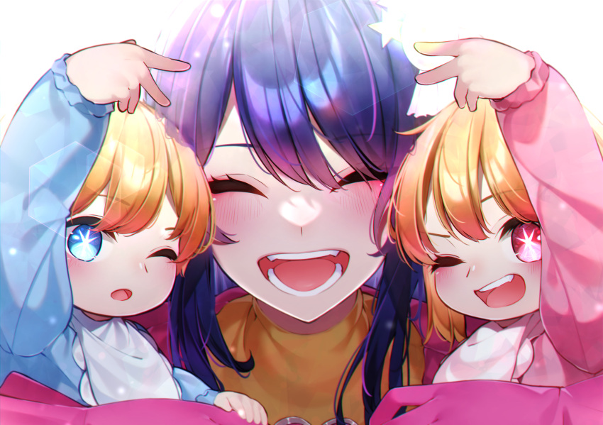 1boy 2girls :d ;d ;o arm_up backlighting blonde_hair blue_eyes blush child closed_eyes commentary_request eyelashes female_child gloves hair_between_eyes highres hoshino_ai_(oshi_no_ko) hoshino_aquamarine hoshino_ruby lens_flare long_hair long_sleeves looking_at_viewer male_child mother_and_daughter mother_and_son multiple_girls one_eye_closed open_mouth oshi_no_ko pink_gloves purple_hair red_eyes round_teeth sarasara_shoyu short_hair sidelocks smile star-shaped_pupils star_(symbol) swept_bangs symbol-shaped_pupils teeth tongue upper_teeth_only
