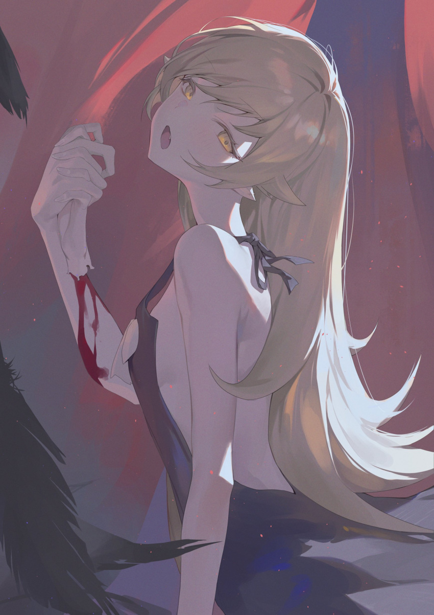 1girl absurdres bakemonogatari bare_shoulders black_feathers blonde_hair blood blood_on_arm dress fang feathers highres holding_limb long_hair looking_at_viewer monogatari_(series) open_mouth oshino_shinobu pointy_ears sb_lama solo very_long_hair yellow_eyes