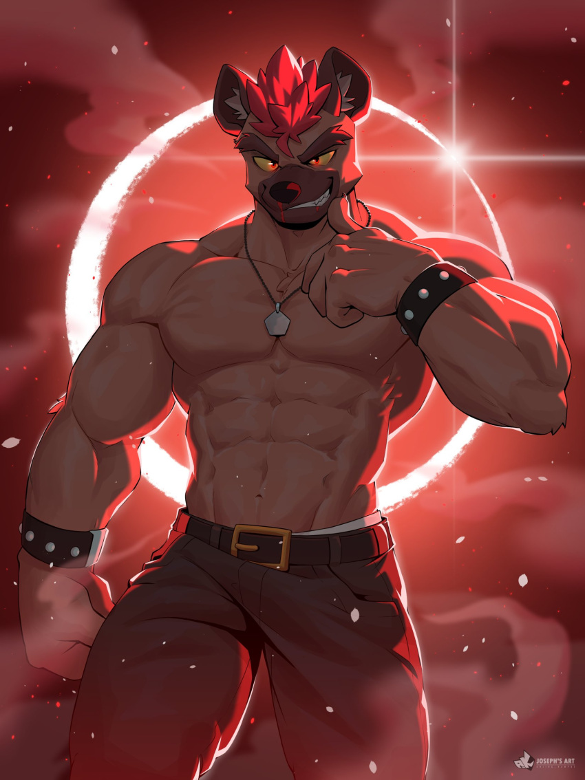 abs anjing_kampuss anthro belt belt_buckle blood blood_moon bodily_fluids brown_body brown_fur clenched_teeth clothing eclipse fur golden_belt_buckle grin hair hi_res hyena inner_ear_fluff jewelry legwear male mammal mohawk muscular muscular_anthro muscular_male necklace nosebleed red_eyes red_hair shirtless smile solo teeth tuft underwear white_clothing white_underwear wristband yellow_sclera