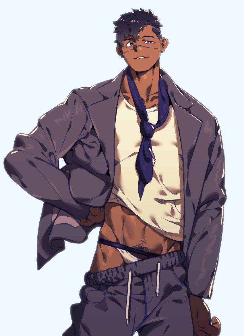 1boy absurdres bara clothes_pull cowboy_shot dark-skinned_male dark_skin highres jockstrap lifted_by_self looking_to_the_side male_focus male_underwear male_underwear_peek midriff_peek muscular muscular_male original pants pants_pull seductive_smile short_hair smile smirk solo sparse_navel_hair thick_eyebrows track_pants undercut underwear uneven_eyes uza_(hellme) white_male_underwear