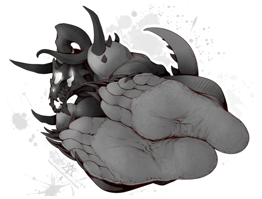 barefoot bone claws demon feet foot_fetish foot_focus horn humanoid kredri looking_at_viewer male not_furry nude paws simple_background skull skull_head soles solo tail teeth toe_claws toes