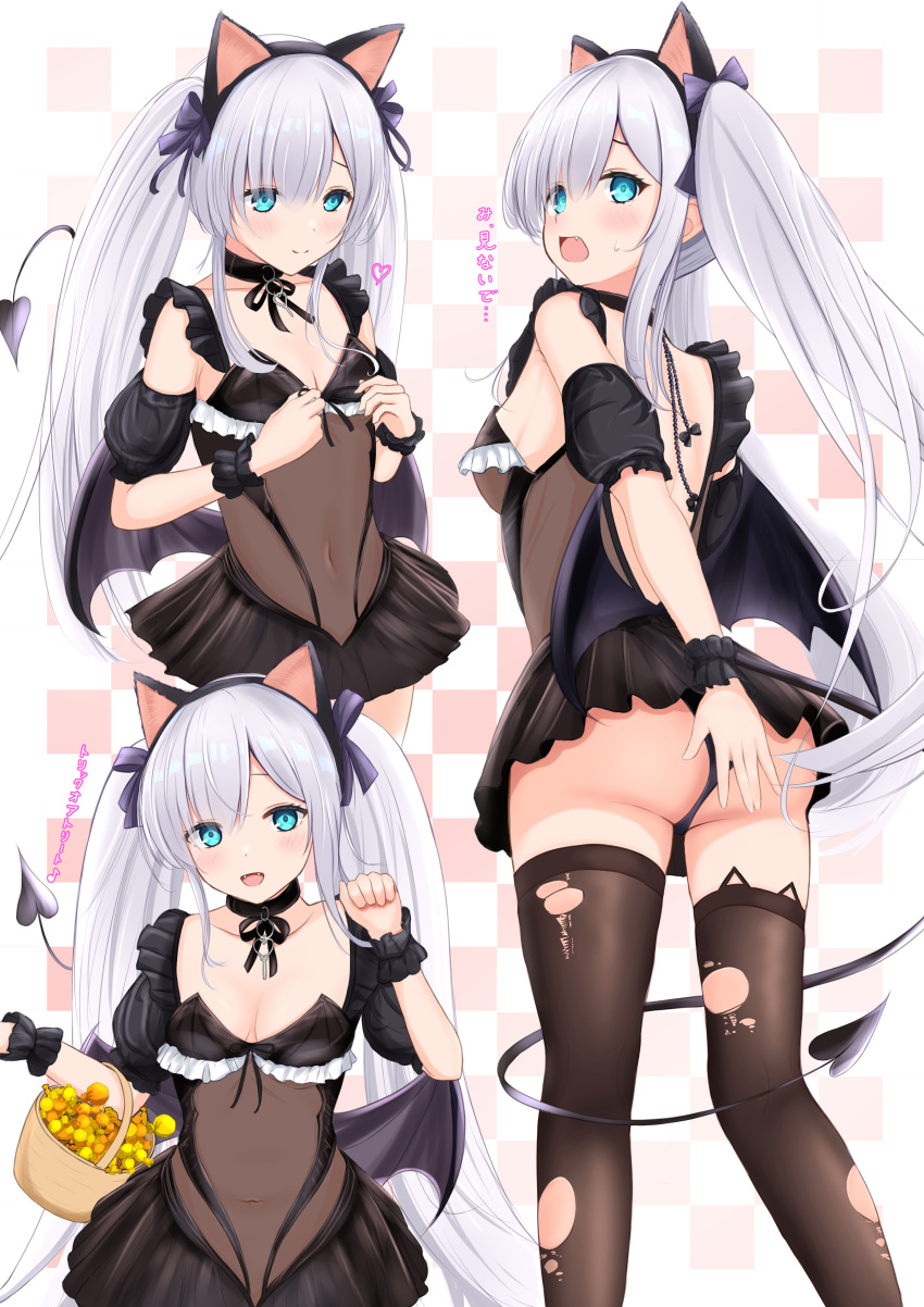 1girl absurdres animal_ears aqua_eyes ass azur_lane basket bat_wings black_leotard black_panties black_skirt black_thighhighs blue_eyes candy cat_ears covered_navel covering_ass covering_privates demon_tail fake_animal_ears fangs food halloween_costume highres holding holding_basket janus_(azur_lane) janus_(fright-night_scaredy-cat)_(azur_lane) leotard long_hair looking_at_viewer multiple_views official_alternate_costume open_mouth paashe panties see-through see-through_leotard skirt smile solo sweatdrop tail thighhighs torn_clothes torn_thighhighs twintails underwear very_long_hair white_hair wings