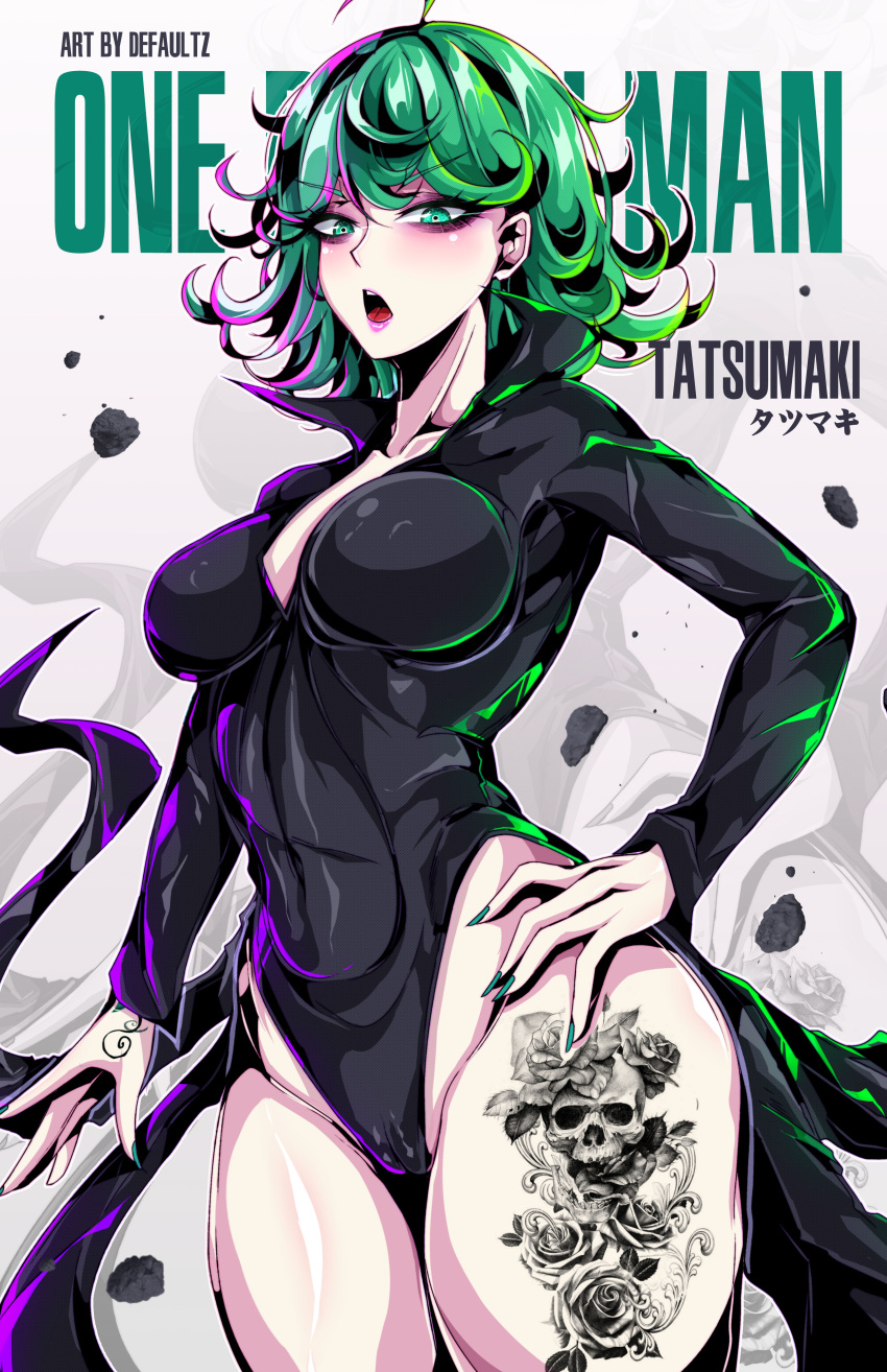 1girl absurdres artist_name black_dress breasts cameltoe character_name collarbone collared_dress copyright_name cowboy_shot curly_hair defaultz dress eyeshadow floating_rock flower_tattoo green_eyes green_hair green_nails hand_on_own_hip hand_tattoo highres leg_tattoo makeup one-punch_man open_mouth pink_lips short_hair side_slit skull_tattoo solo tatsumaki tattoo thighs