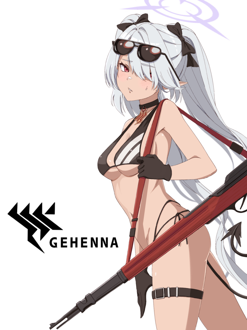 1girl belt bikini black_bikini black_choker black_gloves black_ribbon black_tail blue_archive breasts choker commentary_request cowboy_shot demon_tail eyewear_on_head from_side gloves grey_hair gun hair_over_one_eye hair_ribbon halo highres holding_strap iori_(blue_archive) iori_(swimsuit)_(blue_archive) long_hair looking_at_viewer multi-strapped_bikini_bottom official_alternate_costume one_eye_covered parted_lips purple_halo red_eyes ribbon simple_background small_breasts solo sunglasses sweatdrop swimsuit tail thigh_belt thigh_strap twintails very_long_hair vneckstore weapon white_background