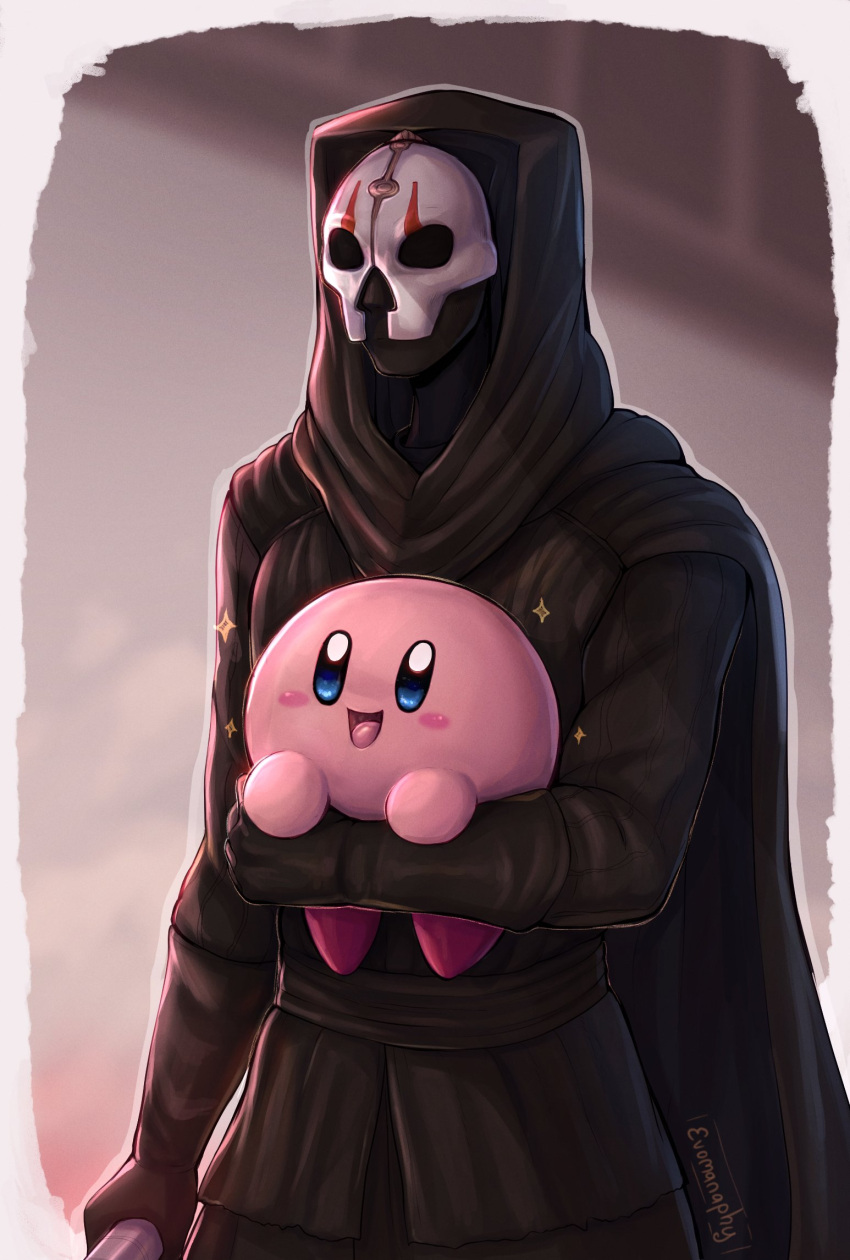 alien blush cape carrying_another clothing crossover darth_nihilus duo evomanaphy female hi_res human kirby kirby_(series) male mammal mask nintendo not_furry open_mouth open_smile signature simple_background smile sparkles star_wars waddling_head