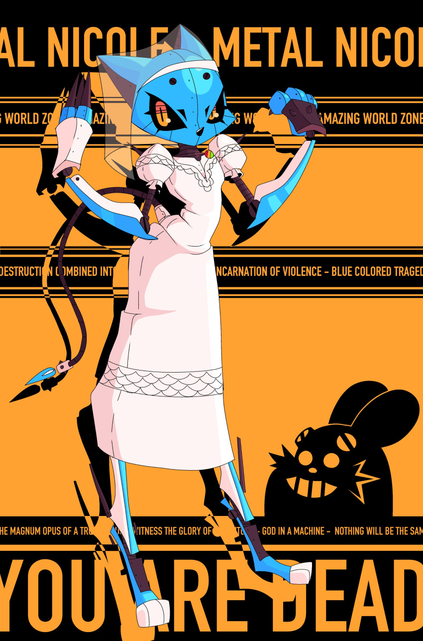 abs absurd_res animatronic anthro armor blue_body blue_fire cartoon_network claw_(weapon) claws claws_out clothing colored_fire digital_media_(artwork) domestic_cat dr._eggman dress english_text eyewear facial_hair felid feline felis female fire headgear hi_res humanoid lagomorph leporid looking_at_viewer machine male mammal mature_female melee_weapon metallic_body mustache nicole_watterson orange_eyes padding paws pin_button ponporio_(artist) pupils rabbit raised_claws richard_watterson robot robot_eyes robotic_arm robotic_leg robotization sega simple_background slit_pupils solo solo_focus sonic_the_hedgehog_(series) spikes tail tail_flame text the_amazing_world_of_gumball weapon wedding_dress white_body