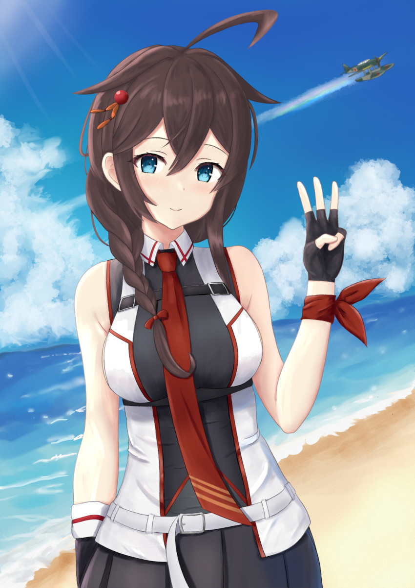 ahoge aircraft airplane beach black_gloves black_hair black_shirt black_skirt blue_eyes blue_sky braid cloud contrail day fingerless_gloves gloves hair_flaps hair_over_shoulder highres horizon kantai_collection kotou_yogen long_hair necktie ocean outdoors pleated_skirt red_necktie shigure_(kancolle) shigure_kai_san_(kancolle) shirt single_braid skirt sky sleeveless sleeveless_shirt two-tone_shirt w