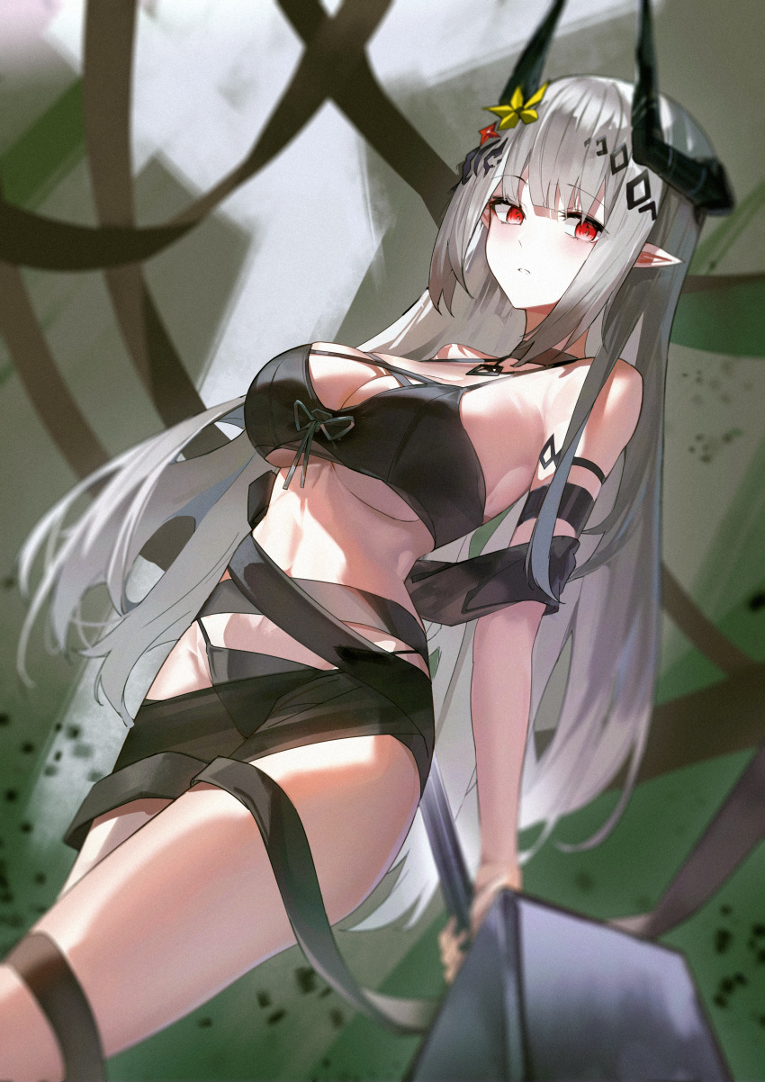 1girl absurdres arknights arm_strap bare_shoulders bikini black_bikini black_choker breasts choker commentary grey_hair highres horns long_hair looking_at_viewer maanu mudrock_(arknights) mudrock_(silent_night)_(arknights) official_alternate_costume parted_lips pointy_ears red_eyes sarong solo stomach swimsuit thighs underboob very_long_hair