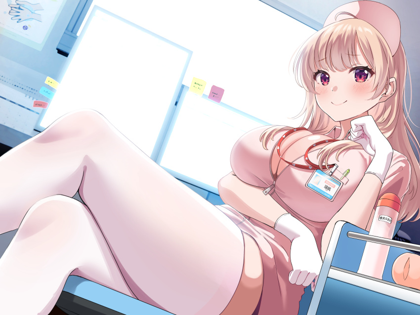 1girl absurdres arm_under_breasts blush breasts brown_hair cleavage closed_mouth crossed_legs dress gloves hat highres indoors infirmary large_breasts long_hair looking_at_viewer name_tag non-web_source nurse nurse_cap open_clothes open_shirt original pink_dress red_eyes siokazunoko sitting smile solo thighhighs white_gloves white_thighhighs zipper