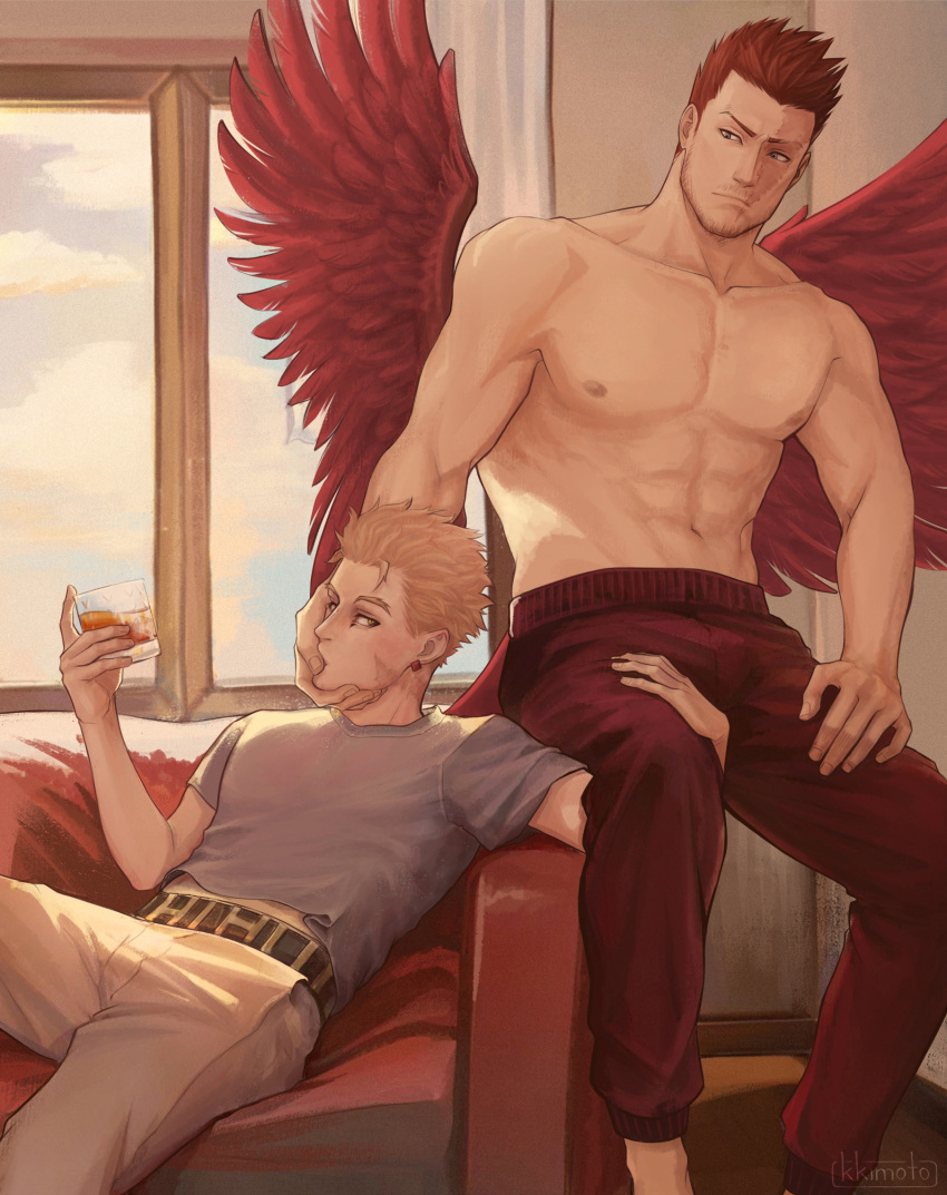 2boys abs alcohol bara beard_stubble belt blonde_hair boku_no_hero_academia burn_scar commentary couch cup earrings endeavor_(boku_no_hero_academia) english_commentary facial_hair feathered_wings feathers green_eyes grey_shirt hand_on_own_leg hawks_(boku_no_hero_academia) highres holding holding_another's_leg holding_cup jewelry kkimot0 large_pectorals male_focus mature_male multiple_boys muscular muscular_male navel nipples on_couch pants pectorals red_feathers red_hair red_wings scar scar_across_eye scar_on_face shirt short_hair sitting spiked_hair stubble sweatpants topless_male window wings yaoi yellow_eyes