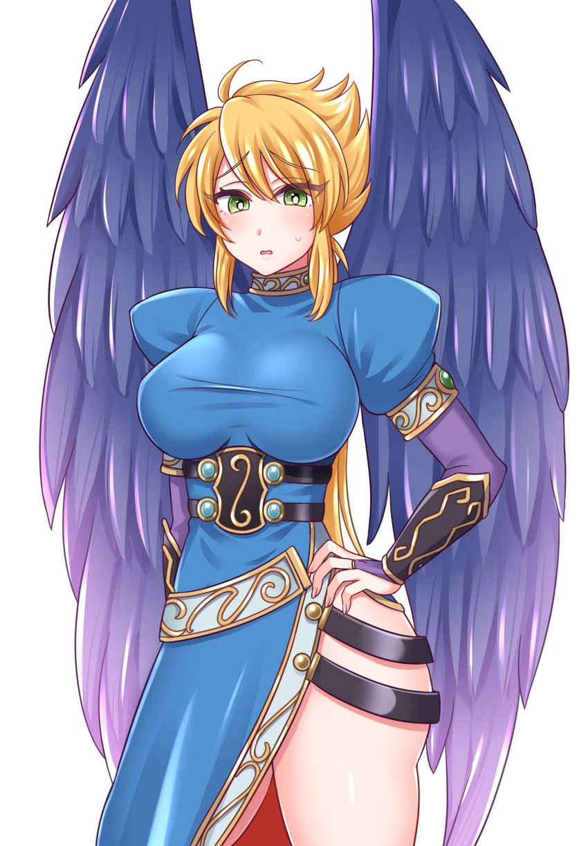 1girl blonde_hair breasts breath_of_fire breath_of_fire_ii bridal_gauntlets cowboy_shot dress feathered_wings green_eyes highres long_hair looking_at_viewer nina_(breath_of_fire_ii) open_mouth purple_wings side_slit simple_background solo white_background wings yakisobapan_tarou_&amp;_negitoro-ko