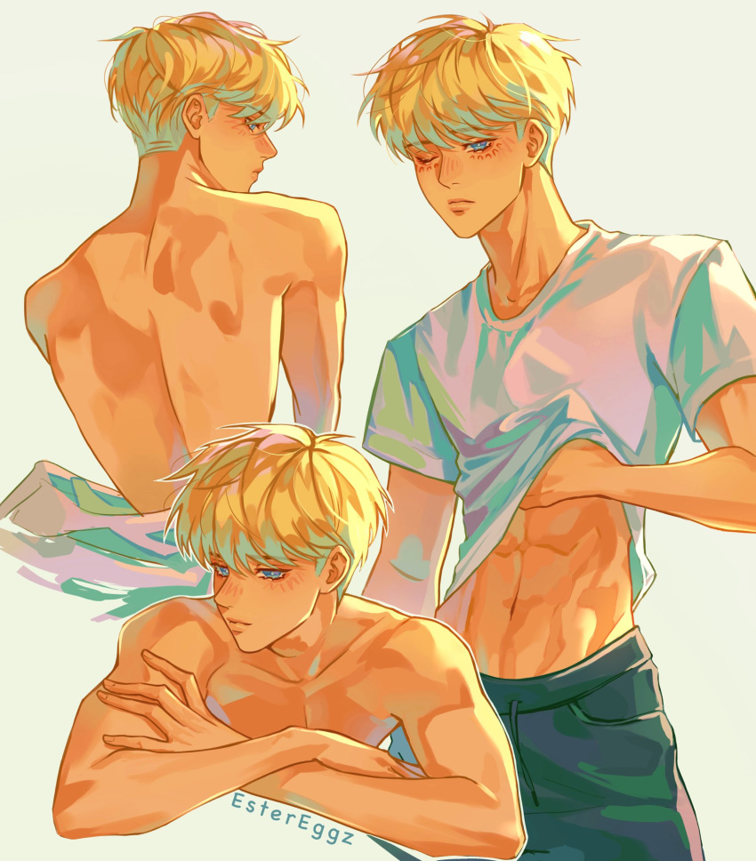 1boy abs armin_arlert back black_shorts blonde_hair blue_eyes closed_mouth estereggz expressionless hand_under_clothes hand_under_shirt highres male_focus multiple_views one_eye_closed scar scar_on_face shingeki_no_kyojin shirt short_hair shorts timeskip topless_male white_background