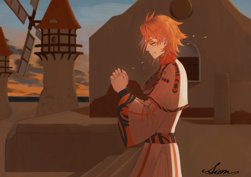 1boy braid closed_eyes closed_mouth earrings fire_emblem fire_emblem_engage highres house jewelry long_sleeves looking_to_the_side male_focus orange_hair own_hands_clasped own_hands_together pandreo_(fire_emblem) praying priest robe short_hair sion_fe solo stairs standing windmill