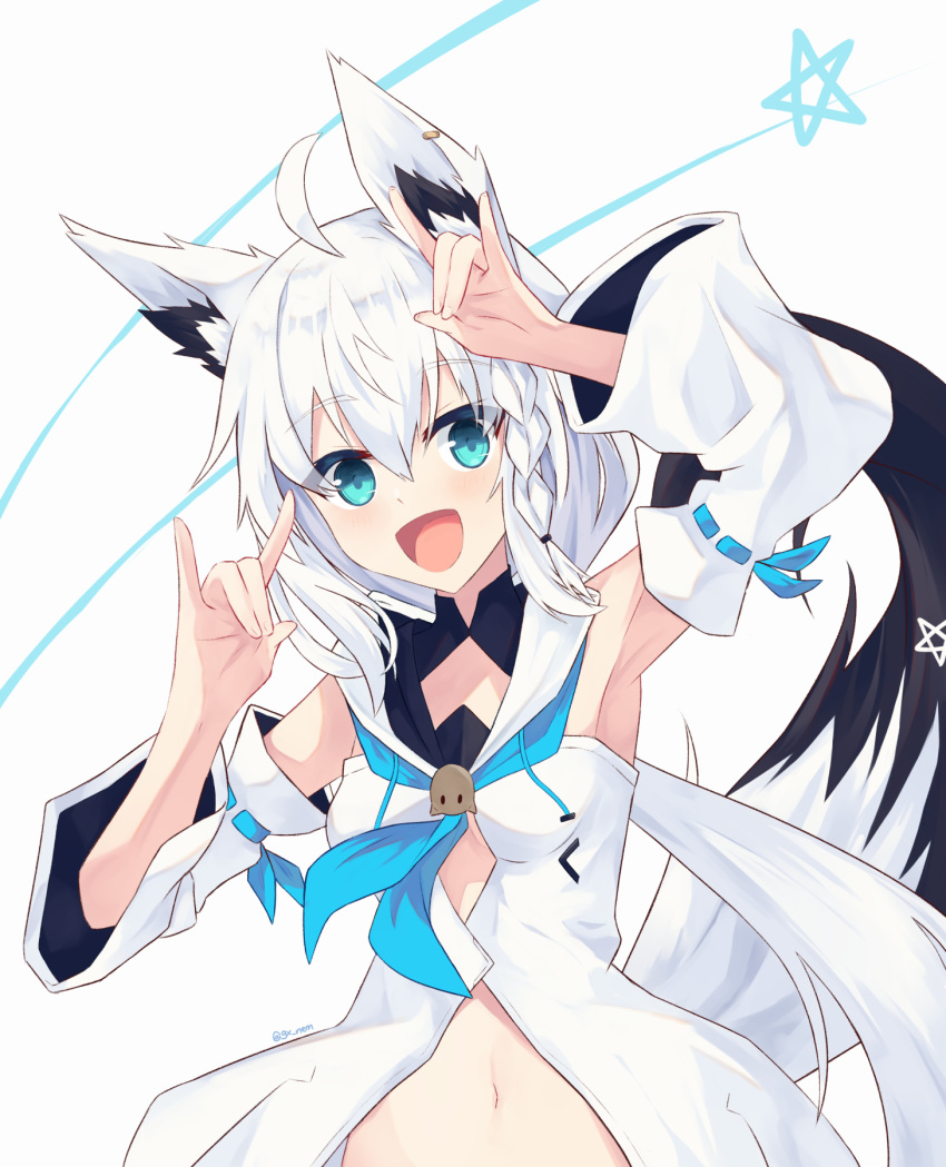 1girl ahoge animal_ears blue_eyes braid breasts detached_sleeves fox_ears fox_girl fox_shadow_puppet fox_tail highres hololive hood hoodie looking_at_viewer navel nemesis_gx open_mouth shirakami_fubuki shirakami_fubuki_(1st_costume) single_braid small_breasts smile tail virtual_youtuber white_background white_hair white_hoodie white_sleeves