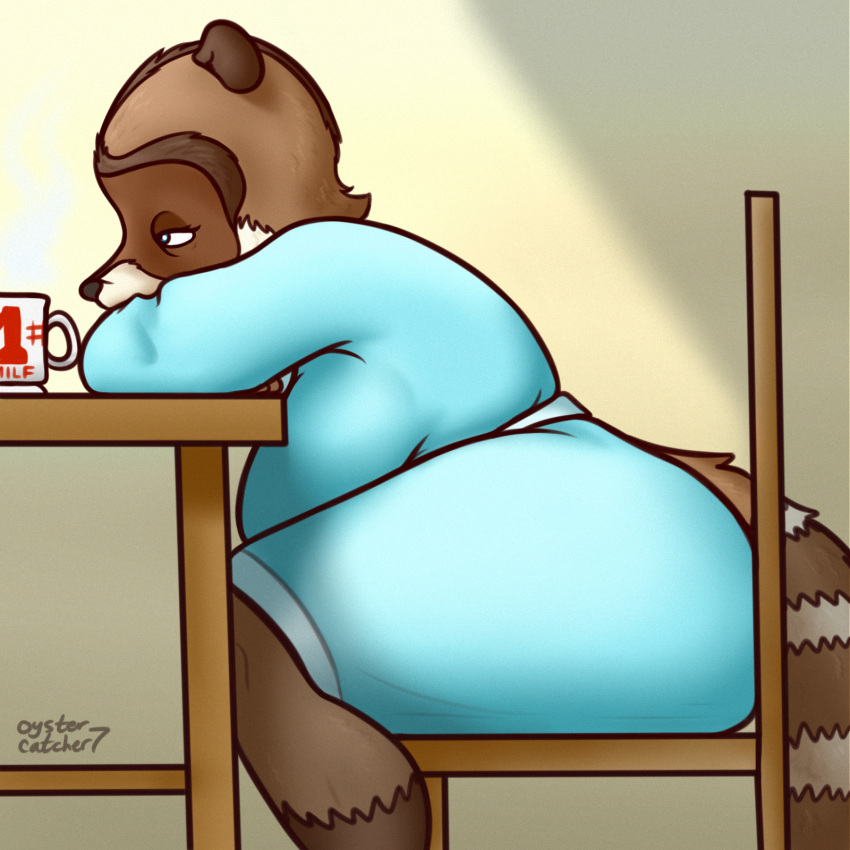 anthro anthrofied bathrobe big_breasts breasts clothing crossgender female hi_res mammal mug over_the_hedge overhead_lighting oystercatcher7 procyonid raccoon rj_(over_the_hedge) robe sitting_at_table solo thick_thighs