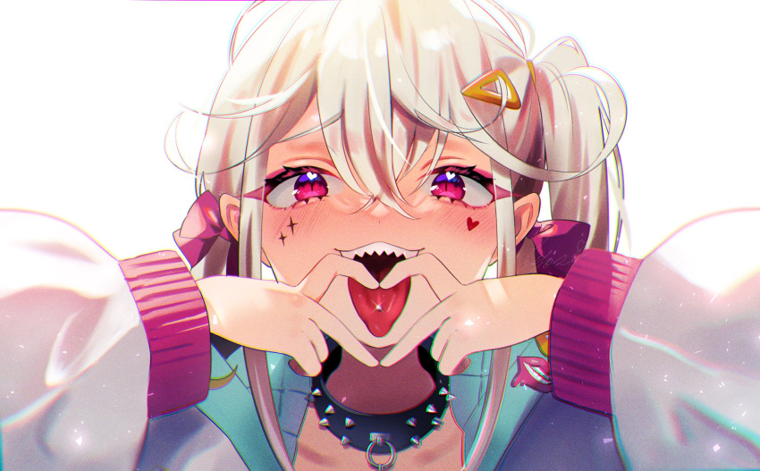 1girl black_collar blush collar facial_tattoo finger_heart goddess_of_victory:_nikke hair_between_eyes hair_ornament hair_ribbon hairclip haruhiyo_vvv heart heart_tattoo highres jackal_(nikke) jacket long_sleeves open_mouth piercing portrait red_eyes ribbon sharp_teeth side_ponytail sidelocks simple_background solo spiked_collar spikes tattoo teeth tongue tongue_out tongue_piercing white_hair