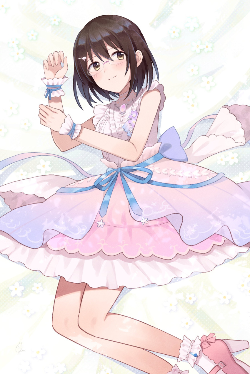 1girl absurdres artist_name black_hair blue_bow blue_ribbon blush boutonniere bow breasts brooch brown_eyes cat_hair_ornament closed_mouth dress dress_bow floral_background glasses gradient_dress gum_(vivid_garden) hair_ornament hairclip highres idolmaster idolmaster_cinderella_girls idolmaster_cinderella_girls_starlight_stage jewelry kamijo_haruna layered_dress looking_at_viewer lying mary_janes medium_breasts on_side ribbon rimless_eyewear scrunchie shoes short_hair signature smile socks solo white_background white_scrunchie white_socks wrist_ribbon wrist_scrunchie