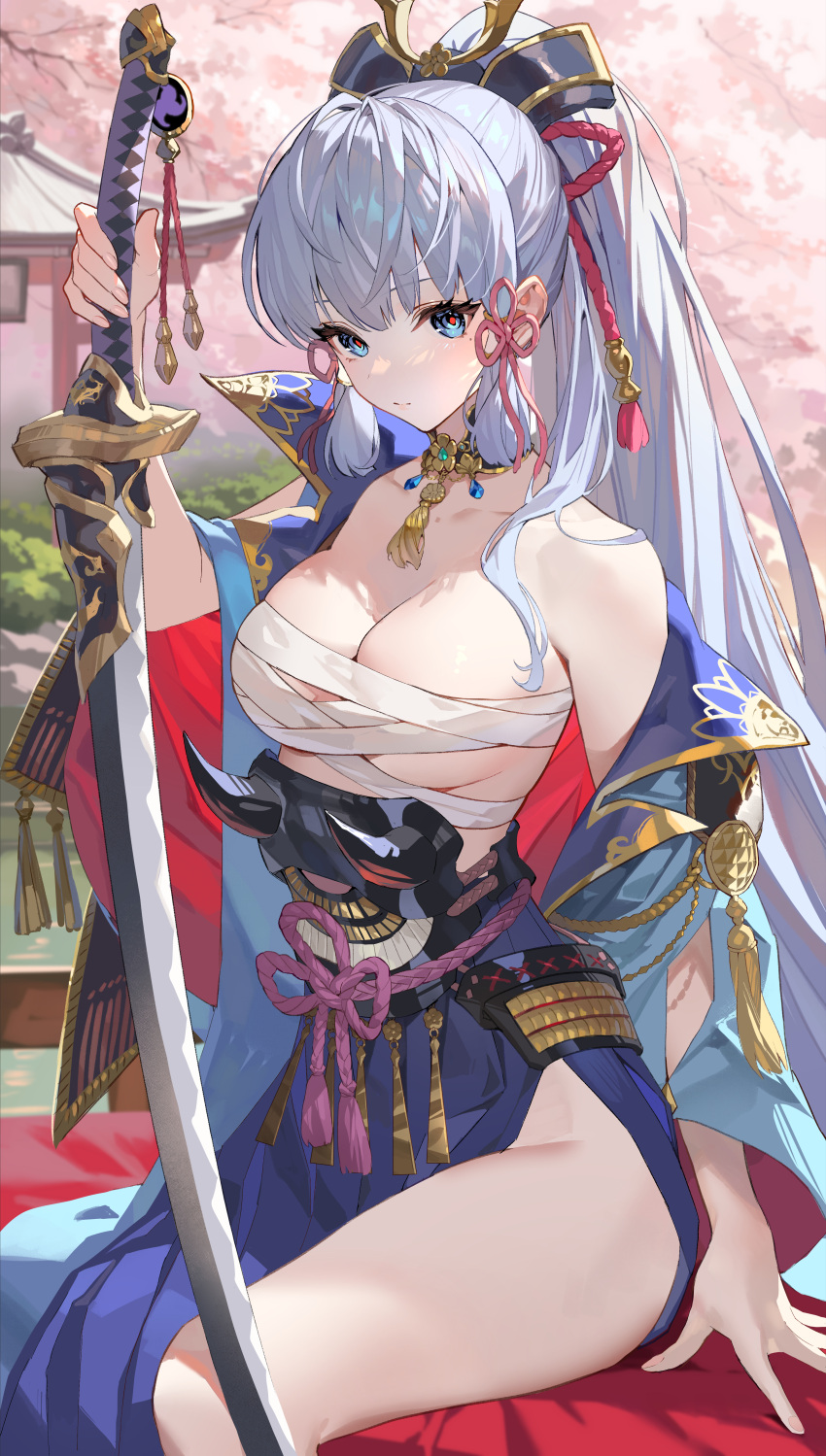 1girl absurdres bare_shoulders blue_eyes breasts budget_sarashi cleavage collar genshin_impact hair_ornament highres holding holding_sword holding_weapon japanese_clothes kamisato_ayaka katana long_hair looking_at_viewer medium_breasts mole mole_under_eye ponytail sarashi sitting solo sword teffish thighs very_long_hair weapon white_hair