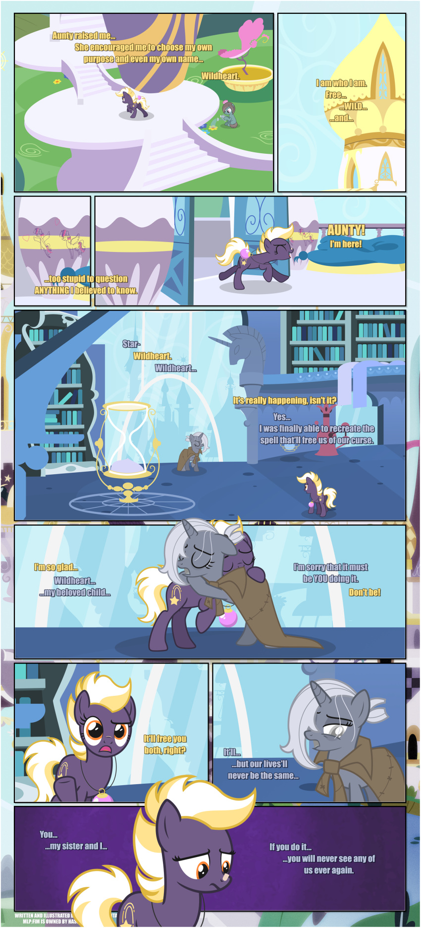 absurd_res aunt_(lore) aunt_and_niece_(lore) band-aid bandage bandage_on_nose black_border book bookshelf border canterlot cloak clothing cutie_mark dialogue duo ears_down ears_up earth_pony embrace english_text equid equine estories eyes_closed fan_character female feral flower friendship_is_magic frown furniture hasbro hi_res horn horse hourglass_(object) hug inside jewelry mammal my_little_pony necklace niece_(lore) open_mouth orange_eyes orb outside pivoted_ears plant pony running sculpture stairs statue text unicorn watering_can watering_flower wildheart_(estories)
