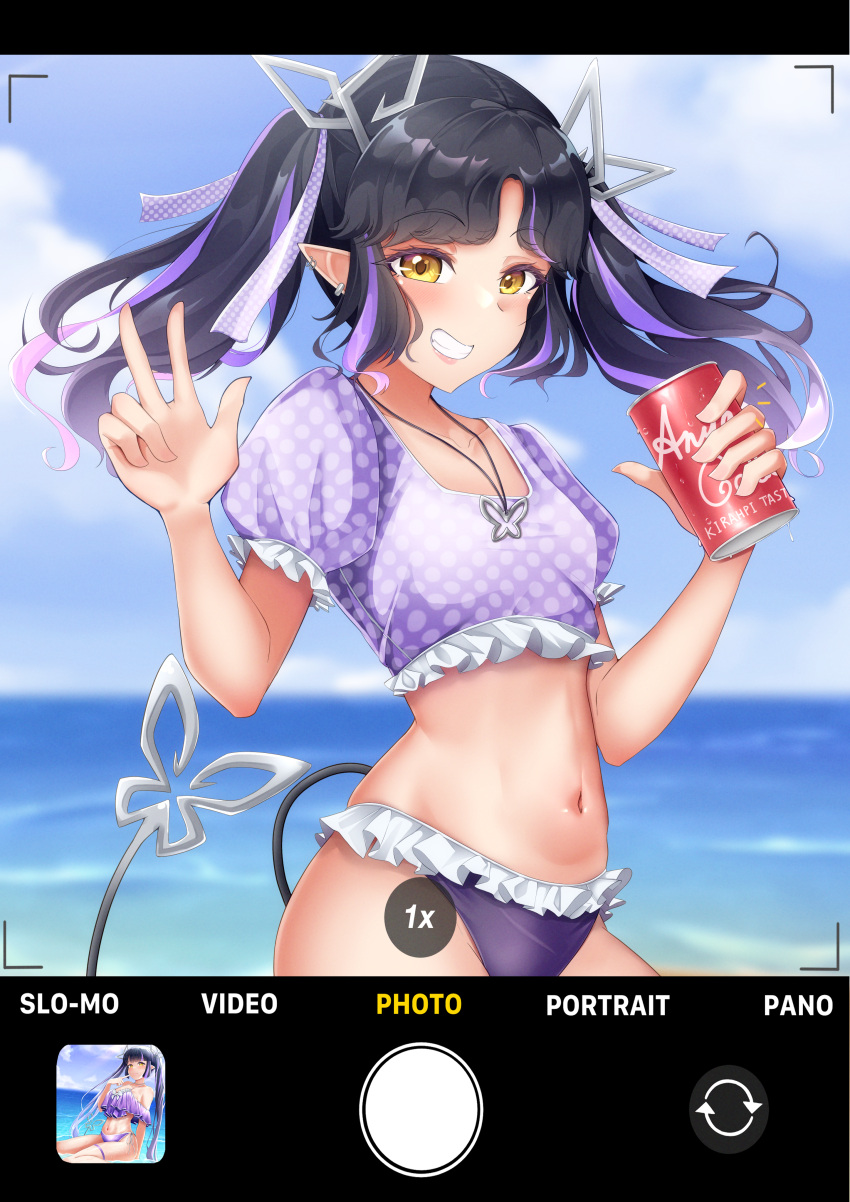 1girl absurdres alternate_costume beach bikini bikini_bottom_only black_hair blue_sky blurry blurry_background blush breasts can cloud cola commentary_request cowboy_shot crop_top day demon_girl demon_horns demon_tail earrings fake_phone_screenshot fake_screenshot frilled_bikini frilled_shirt frills grin highres holding holding_can horizon horns jewelry kojo_anna long_hair looking_at_viewer medium_bangs midriff multicolored_hair nanashi_inc. navel necklace ocean outdoors parted_bangs pointy_ears polka_dot polka_dot_shirt puffy_short_sleeves puffy_sleeves purple_hair purple_shirt robou_no_stone shirt short_sleeves sky small_breasts smile solo swimsuit tail twintails two-tone_hair viewfinder virtual_youtuber w water yellow_eyes