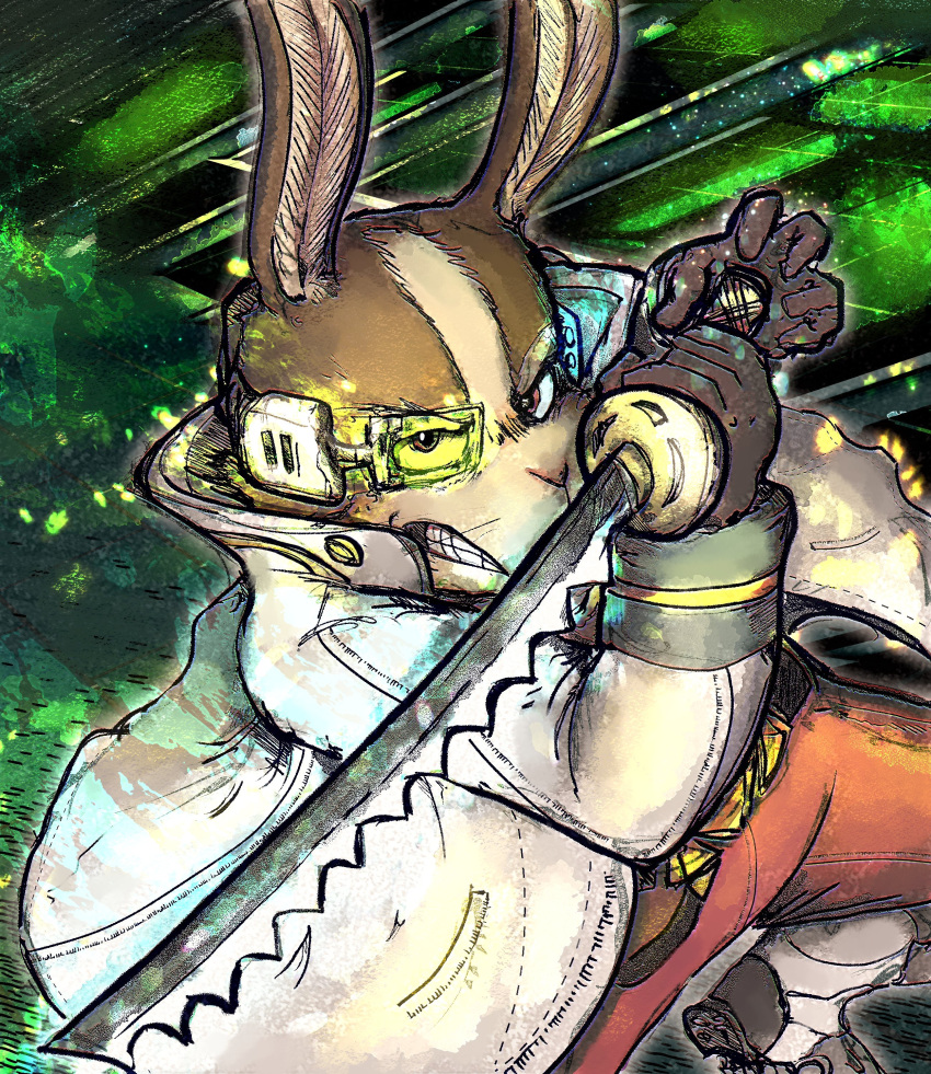 abstract_background absurd_res angry anthro boots bottomwear clothing coat fighting_pose footwear gloves green_background handwear hi_res katamichi lab_coat lagomorph leporid male mammal melee_weapon nintendo pants peppy_hare pose rabbit simple_background solo star_fox sword topwear weapon