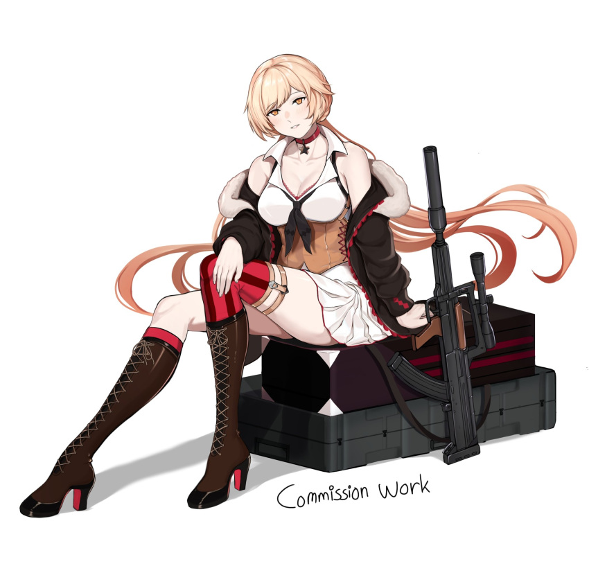 1girl assault_rifle black_jacket blonde_hair blush boots breasts brown_corset brown_footwear choker cleavage collarbone corset dress full_body fur-trimmed_jacket fur_trim girls'_frontline gun high_heel_boots high_heels highres jacket jacket_pull knee_boots long_hair long_sleeves looking_at_viewer medium_breasts open_mouth ots-14 ots-14_(girls'_frontline) parted_lips red_choker rifle seilindekos sitting solo star_(symbol) strapless strapless_dress thighs very_long_hair weapon white_background white_dress yellow_eyes