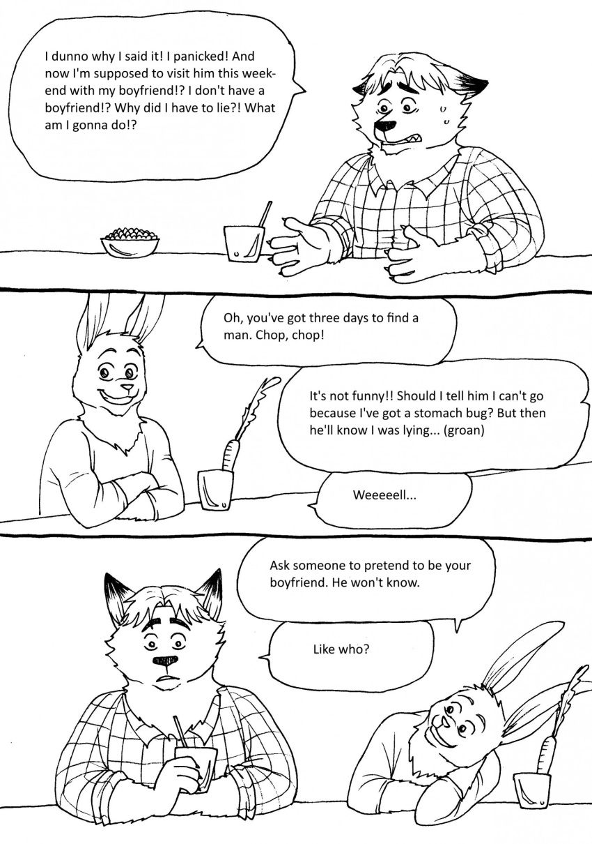 2023 anthro bernielover bodily_fluids canid canine carrot clothing comic dialogue disney duo english_text fan_character food fox gideon_grey hi_res humanoid_hands lagomorph leporid mammal plant rabbit shirt slightly_chubby sweat text topwear vegetable zootopia