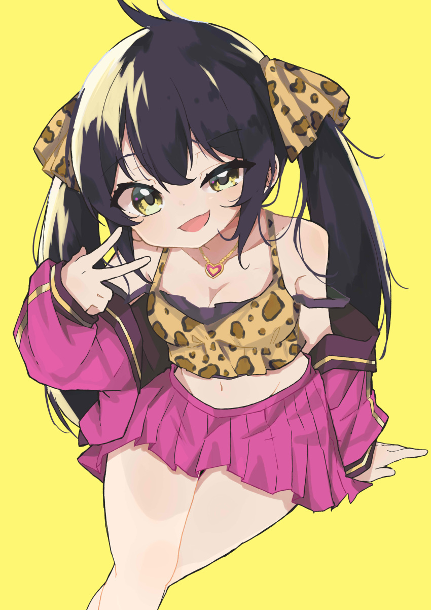 1girl absurdres animal_print arm_support bare_legs blush breasts brown_hair cleavage collarbone crop_top crossed_legs feet_out_of_frame groin highres idolmaster idolmaster_cinderella_girls invisible_chair jacket jacket_partially_removed leopard_print looking_at_viewer matoba_risa navel pink_jacket pink_skirt pleated_skirt sasakungoodsize simple_background sitting skirt small_breasts smile solo twintails uneven_eyes w yellow_background