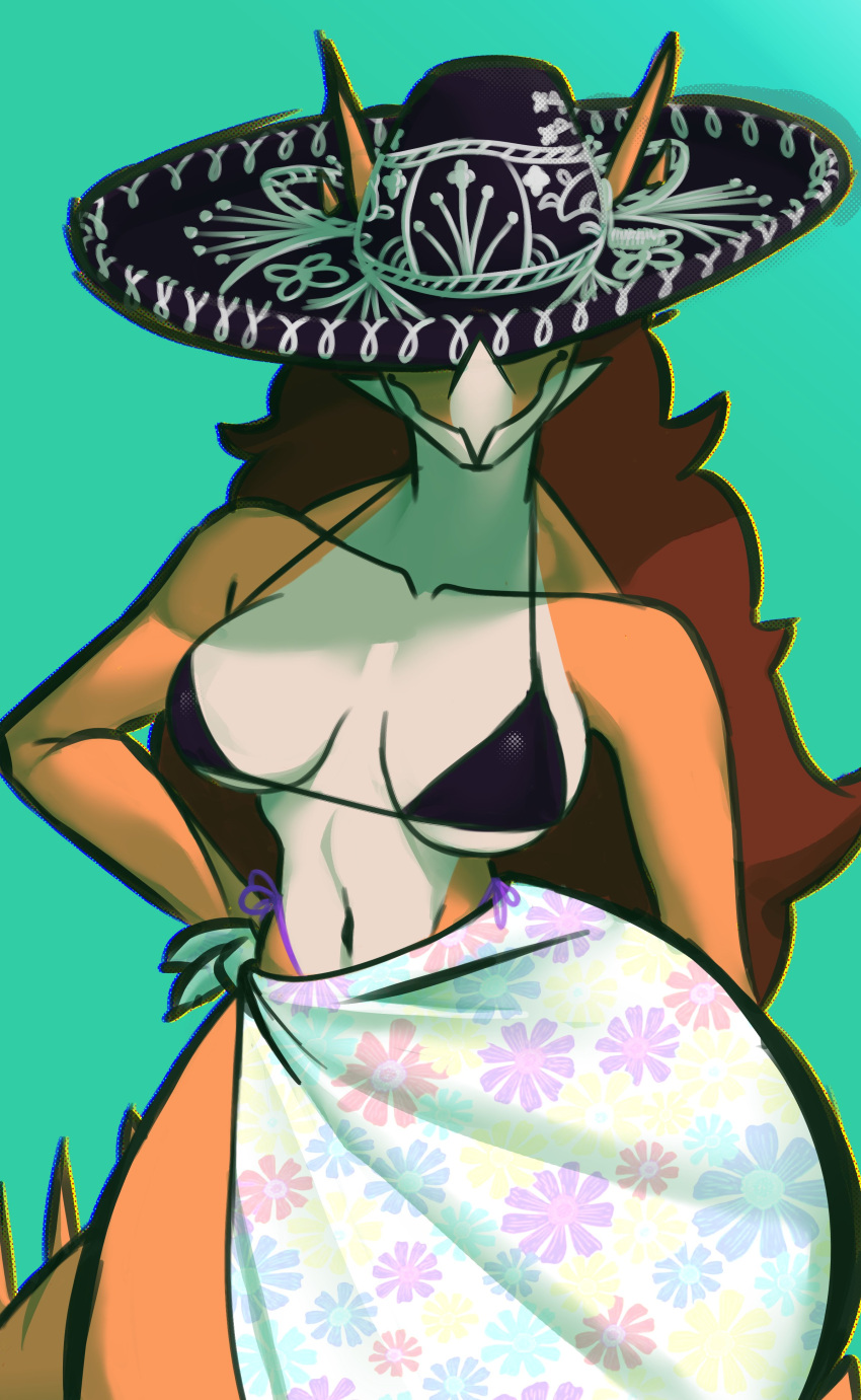 absurd_res anthro aquilops bikini bottomwear breasts ceratopsian clothed clothing colored dinosaur female goodbye_volcano_high hair hat headgear headwear hi_res orca_limon ornithischian reptile rosa_(gvh) scalie simple_background skirt smile snoot_game solo sombrero spikes swimwear tail