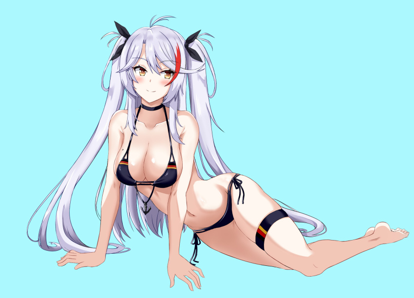 1girl ainna_(kekai) antenna_hair arm_support azur_lane bangs bare_arms bare_legs bare_shoulders barefoot bikini black_choker blue_background blush breasts choker cleavage commentary highres large_breasts long_hair looking_at_viewer navel prinz_eugen_(azur_lane) side-tie_bikini_bottom simple_background smile solo stomach swimsuit thigh_strap thighs very_long_hair white_hair yellow_eyes