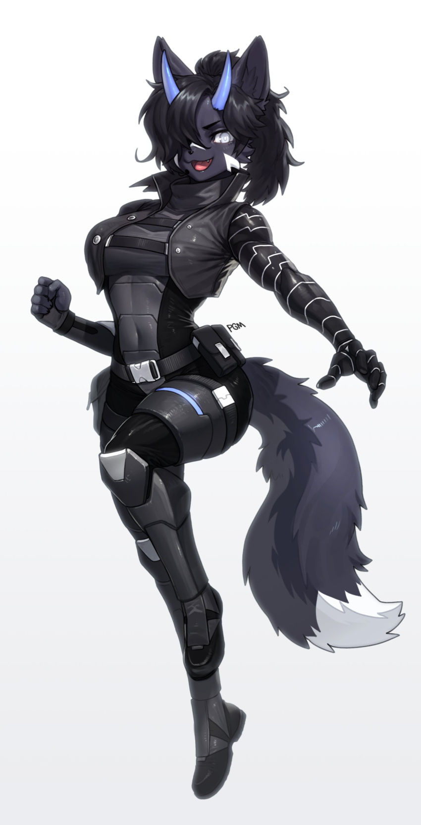 1girl absurdres animal_ears armor artist_name belt belt_buckle black_hair breasts buckle commission fang full_body furry furry_female grey_eyes hair_over_one_eye highres horns looking_at_viewer medium_breasts open_mouth original pgm300 ponytail pouch simple_background solo tail tongue watermark white_background