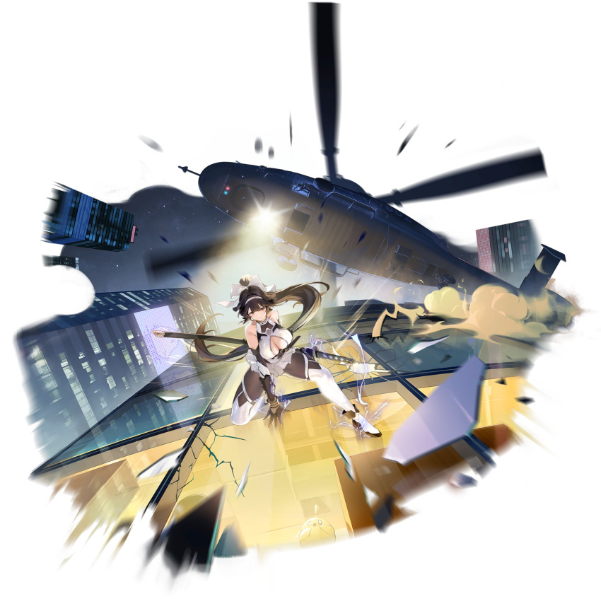 1girl aircraft arm_support azur_lane bare_shoulders bow breasts broken_glass broken_window brown_hair building cleavage cleavage_cutout clothing_cutout crack cracked_glass detached_sleeves electricity extra_ears fighting_stance from_below glass glass_shards hair_bow hair_ears hair_flaps helicopter high_ponytail highres katana large_breasts light long_hair miniskirt night night_sky ninja official_alternate_costume official_art on_one_knee pleated_skirt ponytail ribbon shattered sheath sheathed skirt sky skyscraper sword sword_behind_back takao_(azur_lane) takao_(divine_exorcist's_blade)_(azur_lane) very_long_hair weapon white_bow white_ribbon white_skirt window yaegashi_nan yellow_eyes