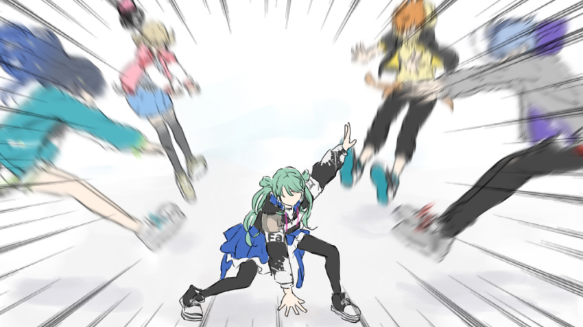 2boys 3girls aoyagi_touya aqua_hair aqua_jacket arm_up azusawa_kohane bare_legs black_footwear black_jacket black_leggings black_pants black_thighhighs blue_hair blue_jacket blue_skirt casual clothes_writing colored_shoe_soles commentary cross-laced_footwear dark_blue_hair drawstring emphasis_lines faceless faceless_female facing_another facing_to_the_side floating_hair full_body gradient_hair grey_footwear grey_jacket hat hat_removed hatsune_miku headwear_removed hood hood_down hooded_jacket jacket leggings legs_apart letterman_jacket light_blue_hair light_brown_hair long_hair long_sleeves low_twintails midair mikeimikei motion_blur multicolored_clothes multicolored_hair multicolored_jacket multiple_boys multiple_girls open_clothes open_jacket orange_hair outstretched_arms pants pink_jacket pleated_skirt pose_request project_sekai shinonome_akito shiraishi_an shirt shoe_soles shoes short_hair shorts simple_background skirt sneakers split-color_hair streetwear thighhighs twintails two-sided_fabric two-sided_jacket two-tone_footwear two-tone_hair two-tone_jacket vivid_bad_squad_(project_sekai) vivid_bad_squad_miku vocaloid wavy_hair white_background white_footwear white_jacket white_shorts white_skirt yellow_jacket yellow_shirt