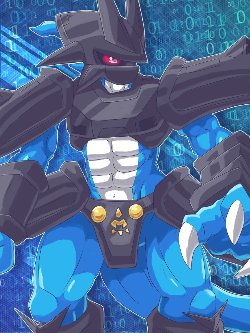 abs absurd_res anthro athletic athletic_anthro athletic_male bandai_namco blue_body claws digimon digimon_(species) hi_res magnamon magnamon_(black) male red_eyes scalie solo