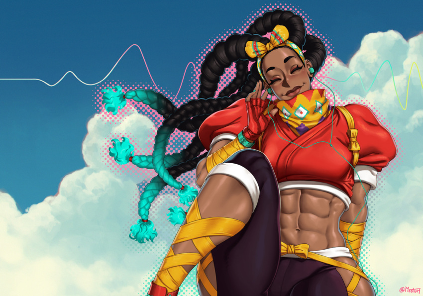 1girl abs aqua_hair aqua_nails arm_behind_back arm_wrap black_hair bow_hairband brown_lips closed_eyes cloud cloudy_sky colored_tips cropped_jacket dark_skin earbuds earphones feet_out_of_frame fingerless_gloves fingernails forehead gloves hairband head_tilt hip_vent jacket kimberly_(street_fighter) leg_up leg_wrap listening_to_music long_hair lowleg lowleg_pants midriff mootium multicolored_hair muscular muscular_female nail_polish navel pants puffy_short_sleeves puffy_sleeves quad_braids red_gloves red_jacket scarf short_sleeves sitting sky smartwatch solo street_fighter street_fighter_6 thick_thighs thighs two-tone_hair very_dark_skin watch wristwatch yellow_hairband yellow_scarf