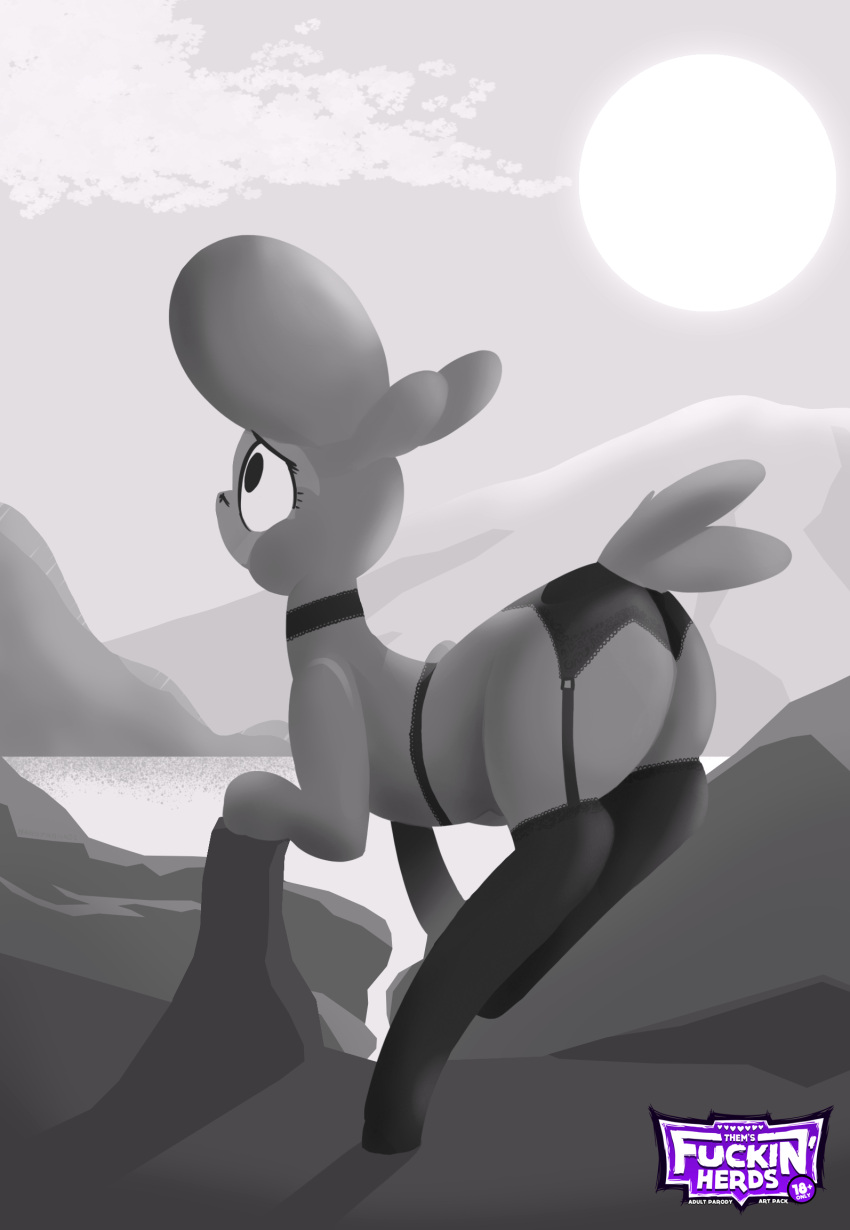 2022 bovid butt caprine clothed clothed_feral clothing digital_media_(artwork) domestic_sheep female feral garter_belt garter_straps greyscale hi_res lingerie lingerie_on_feral mammal monochrome mountain nannynonads pom_(tfh) quadruped rear_view sheep solo sun tail them's_fightin'_herds