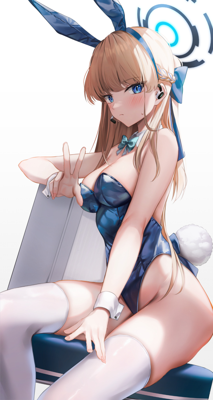 1girl animal_ears aqua_bow aqua_bowtie bare_shoulders blonde_hair blue_archive blue_bow blue_bowtie blue_eyes blue_leotard bow bowtie braid breasts case detached_collar double_v earpiece fake_animal_ears fake_tail halo highleg highleg_leotard highres leotard long_hair looking_at_viewer medium_breasts multicolored_hair official_alternate_costume playboy_bunny rabbit_ears rabbit_tail shuvi_(shuvi1125) solo strapless strapless_leotard streaked_hair tail thighhighs toki_(blue_archive) toki_(bunny)_(blue_archive) v very_long_hair white_thighhighs white_wrist_cuffs wrist_cuffs