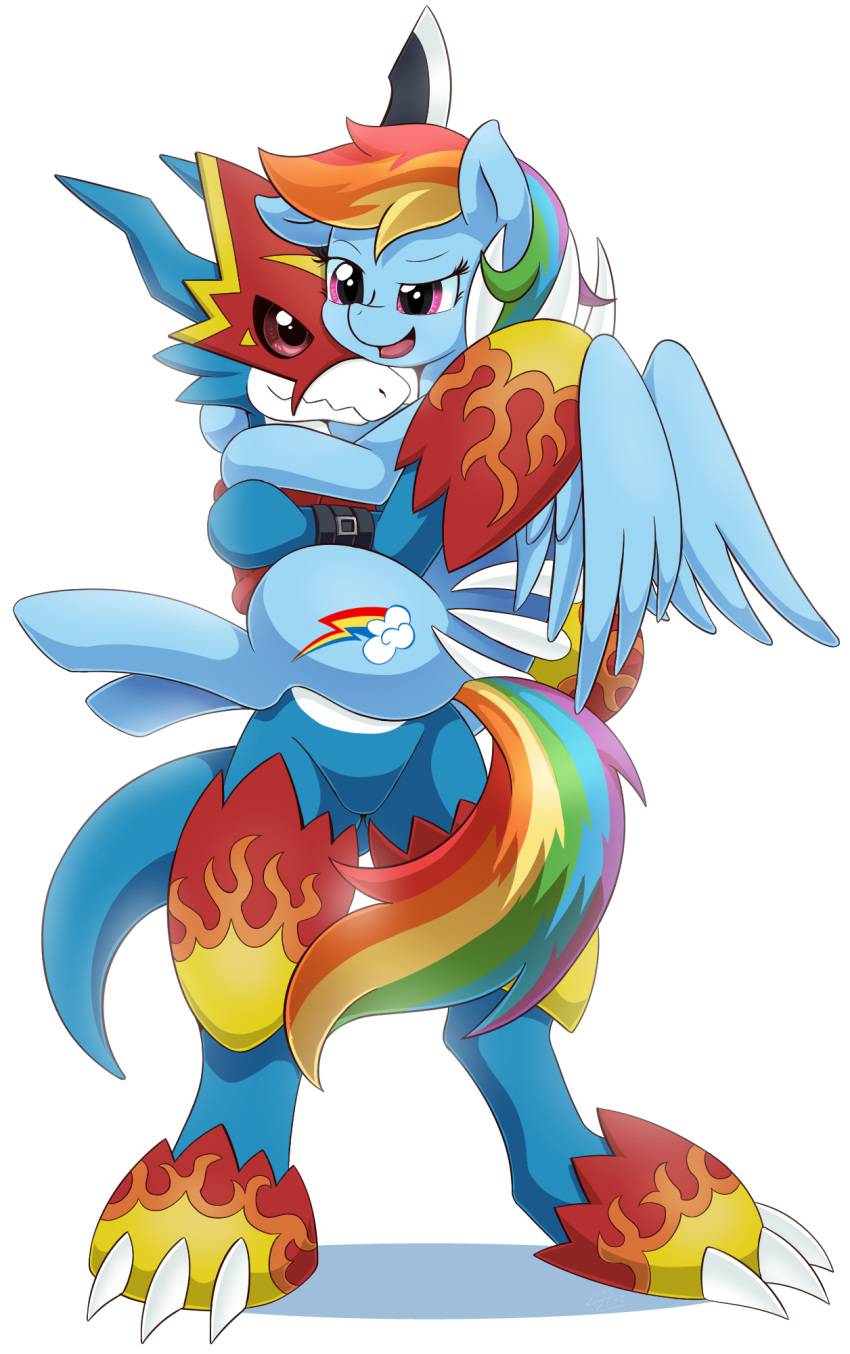 2others claws crossover digimon digimon_(creature) dragon fladramon full_body highres horse hug multiple_others my_little_pony my_little_pony:_friendship_is_magic no_humans open_mouth pink_eyes rainbow_dash rainbow_gradient red_eyes simple_background tail vavacung white_background