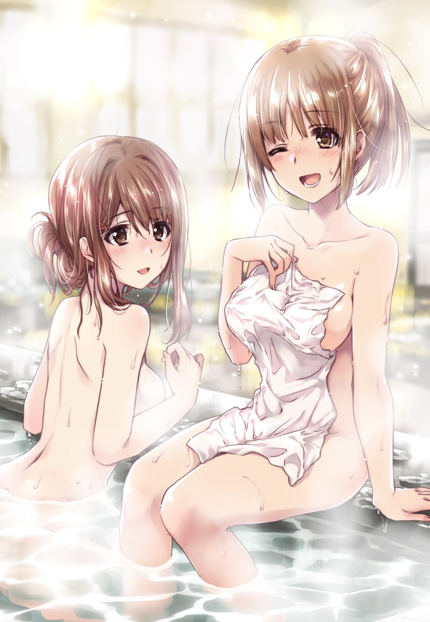 2girls ;d blush breasts brown_eyes brown_hair commentary_request commission completely_nude convenient_censoring covering highres hoshino_yuumi kimi_kiss kuroi_mimei long_hair looking_to_the_side lower_teeth_only multiple_girls nude nude_cover one_eye_closed onsen open_mouth partially_submerged ponytail sakino_asuka shared_bathing sideboob skeb_commission smile soaking_feet steam steam_censor teeth water wet