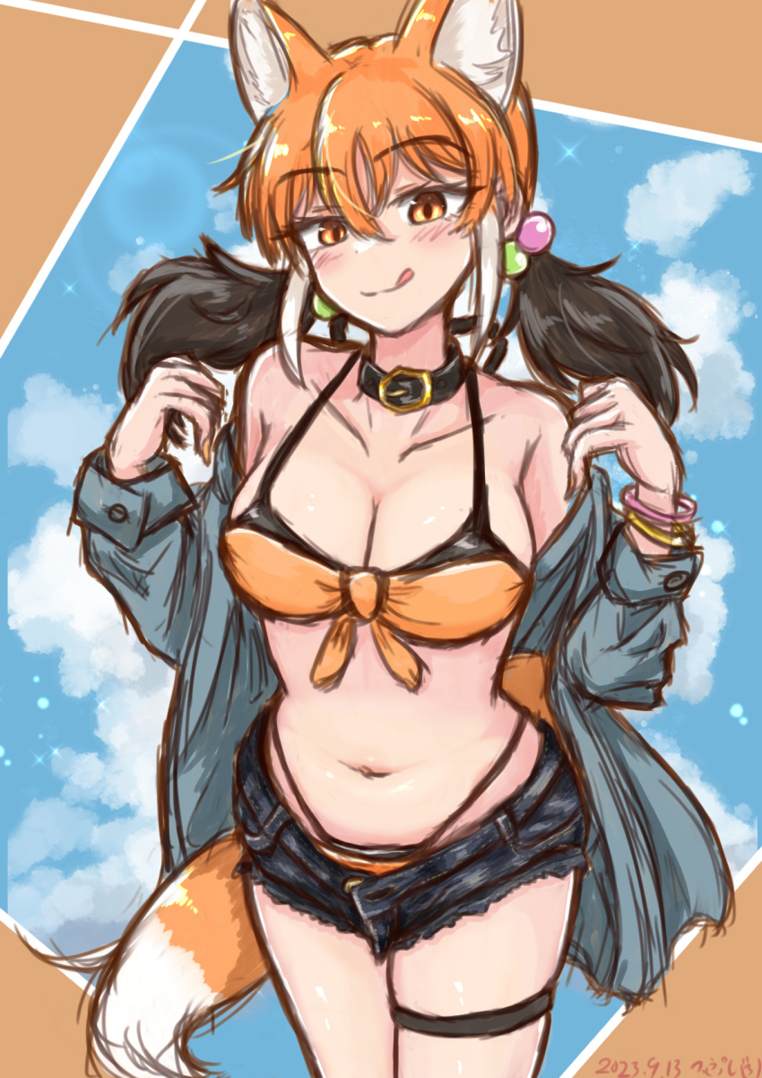 1girl :q animal_ears bikini bikini_under_clothes black_hair breasts buttons cleavage collar collarbone cowboy_shot denim denim_shorts extra_ears eyelashes grey_shirt hair_between_eyes hair_bobbles hair_ornament hands_up head_tilt highres kemono_friends large_breasts long_hair long_sleeves looking_at_viewer maned_wolf_(kemono_friends) multicolored_hair navel open_clothes open_fly open_shirt open_shorts orange_eyes orange_hair seductive_smile shirt short_shorts shorts skindentation smile solo stomach swimsuit tail thigh_strap tongue tongue_out tsuppushi twintails unbuttoned white_hair wolf_ears wolf_girl wolf_tail