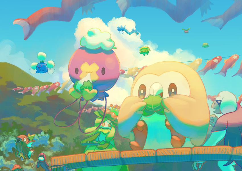 bright_pupils brown_eyes cloud commentary_request day drifloon eating gyarados highres holding hoppip jumpluff koinobori lilligant magikarp mokukitusui no_humans oranguru outdoors pokemon pokemon_(creature) rowlet sitting skiploom sky tatsugiri windsock