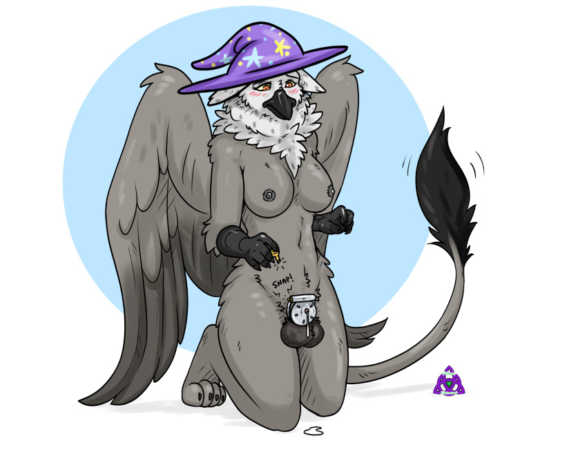 anthro areola avian balls blush bodily_fluids breasts broken_key chastity_cage chastity_device dripping feathered_wings feathers felineelement gallagher_(fursona) genital_fluids genitals gryphon gynomorph hasbro hi_res intersex key magician_hat my_little_pony mythological_avian mythology nipples nude penis precum precum_drip simple_background solo white_background wings