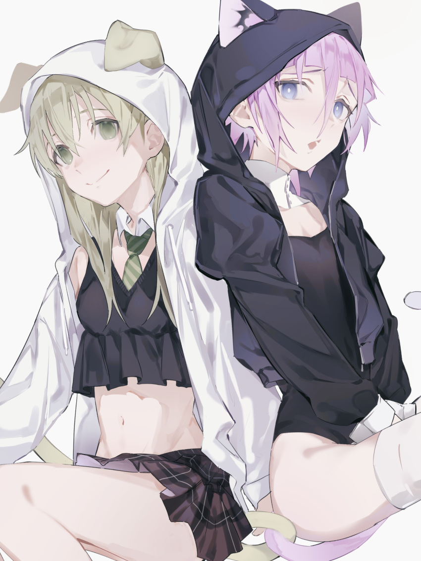1girl 1other absurdres animal_ears black_jacket blue_eyes breasts cat_ears choppy_bangs crona_(soul_eater) crop_top dog_ears frilled_shirt frills frown green_eyes hair_between_eyes highres hood hood_up hooded_jacket jacket looking_at_viewer maka_albarn medium_hair navel necktie one-piece_swimsuit open_mouth pink_hair pleated_skirt shirt short_hair shoulder-to-shoulder shy simple_background skirt small_breasts smile soul_eater swimsuit tail thighhighs white_background white_jacket white_thighhighs yamasodachi55