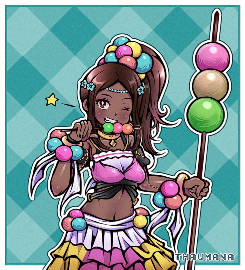 +_+ 1girl bracelet dango dark-skinned_female dark_skin english_commentary fire_emblem fire_emblem_engage food highres holding holding_food jewelry kagami_mochi looking_at_viewer midriff navel one_eye_closed pearl_bracelet pearl_hair_ornament sidelocks solo thaumana timerra_(fire_emblem) wagashi