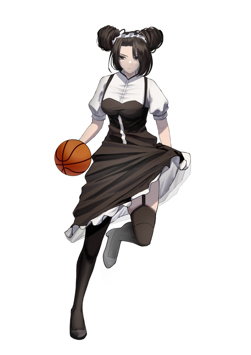 1girl absurdres agent_(girls'_frontline) ball basketball_(object) black_dress black_eyes black_footwear black_hair black_thighhighs closed_mouth clothes_lift commentary commission double_bun dress dress_lift dribbling_(basketball) english_commentary erlisa_takanashi garter_belt girls'_frontline hair_bun highres holding holding_ball puffy_short_sleeves puffy_sleeves short_sleeves simple_background skindentation solo standing standing_on_one_leg thighhighs white_background