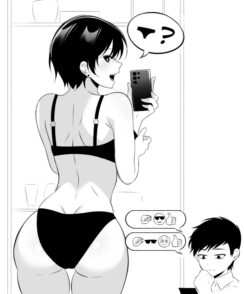 1girl ass azmi_yudista black_panties black_underwear bra cellphone earrings emoji highres holding holding_phone indoors jewelry mirror mirror_image monochrome olive_laurentia original panties phone selfie sigit_martinus smartphone taking_picture text_messaging underwear