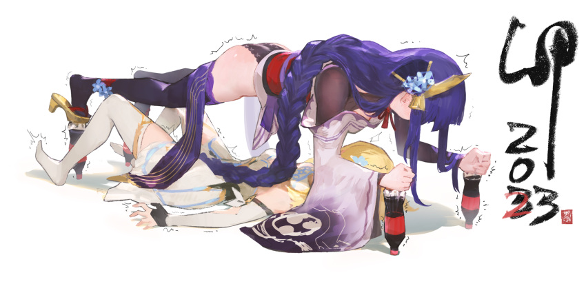 2023 2girls all_fours ass balancing black_panties black_thighhighs blonde_hair blush bottle braid braided_ponytail chinese_zodiac couple daible ear_blush faceless flower full_body genshin_impact girl_on_top hair_flower hair_ornament happy_new_year highres japanese_clothes long_braid long_hair long_sleeves looking_at_another looking_down lumine_(genshin_impact) lying multiple_girls panties purple_hair raiden_shogun shadow simple_background single_braid soda soda_bottle thighhighs trembling underwear white_background white_thighhighs year_of_the_rabbit yuri