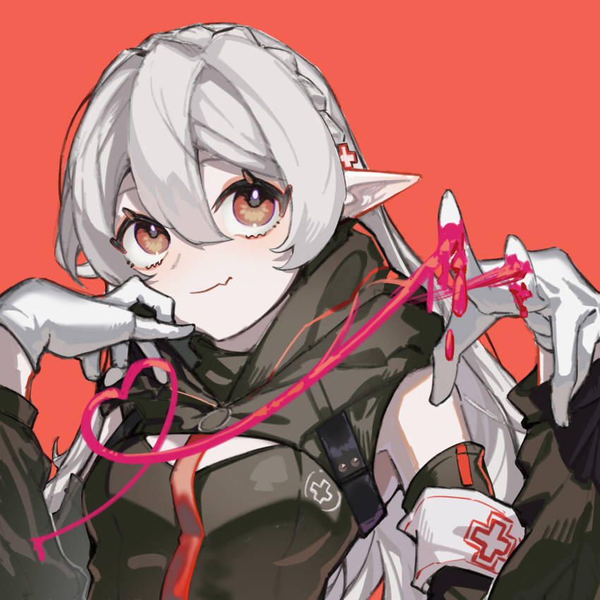 arknights detached_sleeves doctor fang gloves heart highres hood hoodie liang_(d.r.) long_hair pointy_ears vampire warfarin_(arknights) white_hair